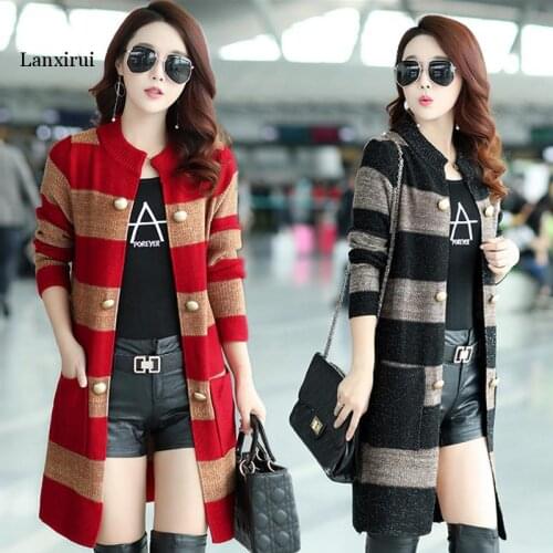 Plus size 3XL stripe Knit Sweater Women Spring Autumn Cardigan jackets Loose shawl coat Medium length Long sleeve Sweater