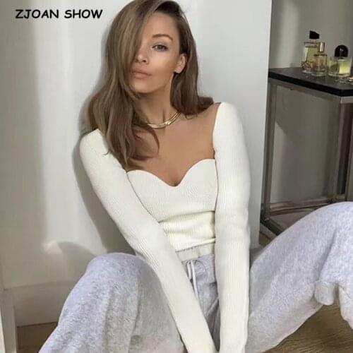 2021 Sexy Spring Square Neck Ribbed Knitted Pullovers Women Knitwear Long Sleeve High Stretch Sweater Streetwear Soft Basic Top