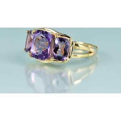 GEMS BEAUTY 14K Gold Filled Sterling Silver Rings For Women Radiant Cut Three-Stone Trellis Natural Brazilian Amethyst Rings