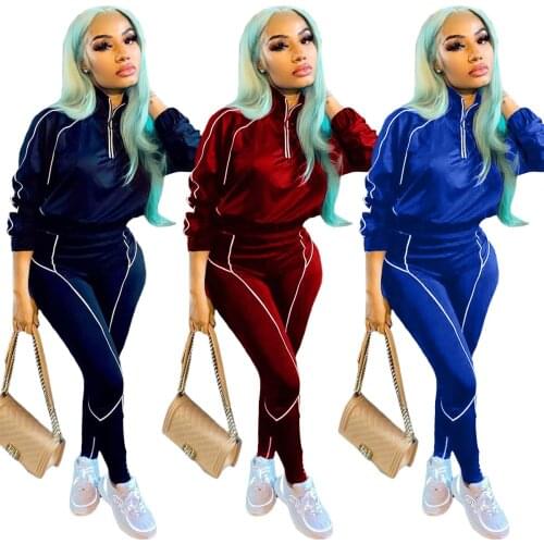 2020 winter womens clothing casual line stitching zipper stand-up collar solid color two-piece suit ny8026