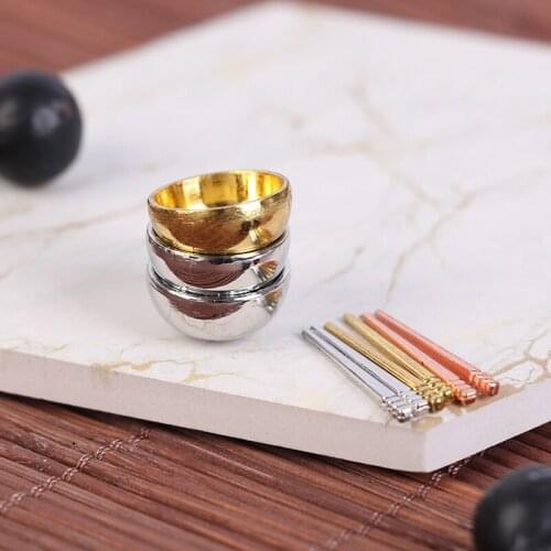 1Set(2pair chopsticks +2pc bowl) Mini Golden silver Bowls and chopsticks Miniature Dollhouse Accessories gift Toys pretend play