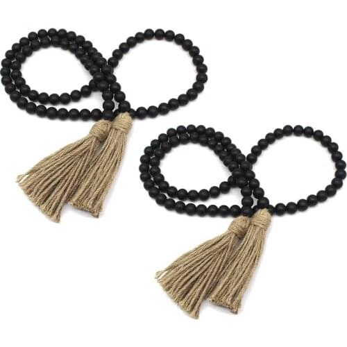 2Pcs 59Inch Wood Bead Garland With Tassels,Farmhouse Beads Rustic Country Decor Boho Beads Wall Hanging Decoration