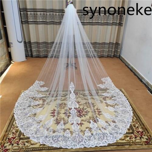 2021 Real Photo 3m One Layer Wedding Veil With Comb White Lace Edge Bridal Veils Ivory Appliqued Cathedral Wedding Veil