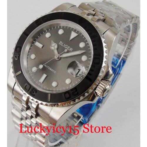 BLIGER Grey NH35 Movement Automatic Men Wristwatch Jubilee Band Black Ceramic Bezel Insert