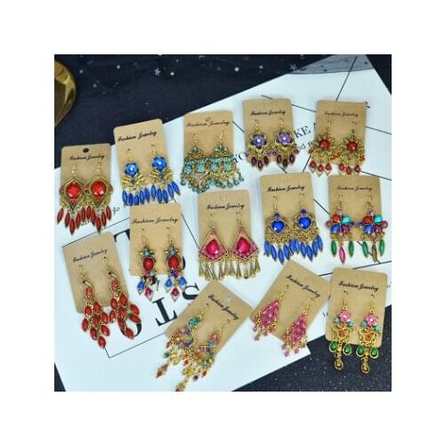 European retro diamond-encrusted long tassel earrings Bohemian national style earrings gem temperament fashion ear jewelry