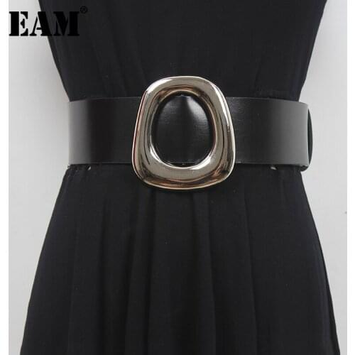 [EAM] Pu Leather Black Buckel Spliced Long Wide Belt Personality Women New Fashion Tide All-match Spring Autumn 2021 1DE0285