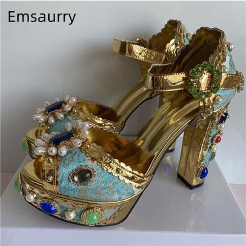 Exotic Embroidery Lace Rhinestone Sandals Women Chunky Heel Crystal Flower Pearl Diamond Platform Wedding Shoes Woman