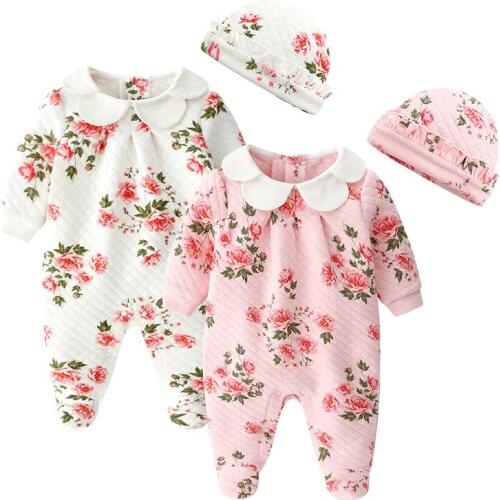 Newborn Girl Cotton Footies Little Thick 1piece Overall with Cap Baby Girls Floral Footies Infant Girls Spring Clothes 3m Gift