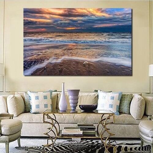 JQHYART Beach Sunset Sky Clouds Sand Nature Sea Ocean Waves Wall Paintings On Canvas Oil Painting Wall Painting No Frame
