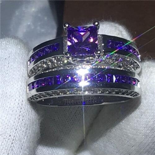 Classic Engagement Wedding Band Rings for women men Purple AAAAA zircon cz White Gold Filled Promise Bridal sets ring Jewelry