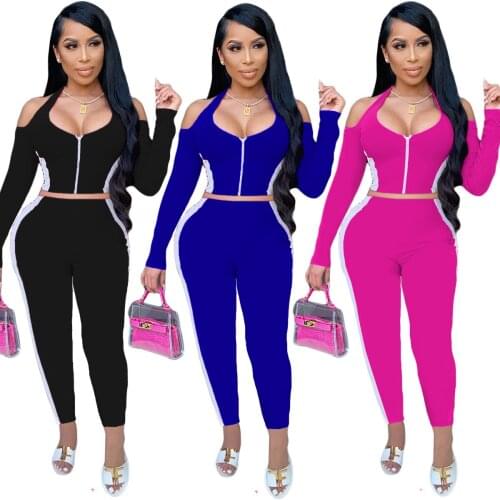 Sexy Off Shoulder 2 PCS Club Outfits Sets Long Sleeve Halter Zipper Crop Top + Long Pants Patchwork Women Falll Birthday Outfits