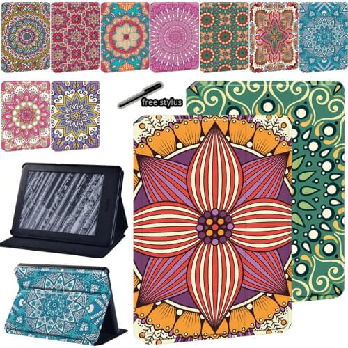 PU Leather Stand Cover for Kindle Paperwhite 1/2/3/4/Kindle 10th Gen 2019/Kindle 8th Gen 2016 Mandala pattern Tablet Case+Stylus