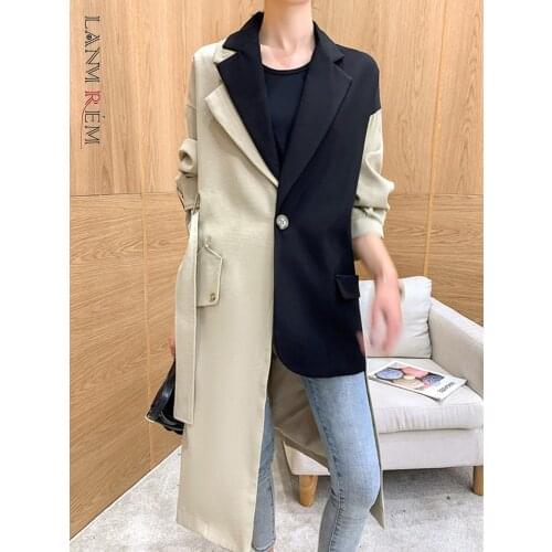 LANMREM 2021 Autumn Fashion New Design Suit Patchwork Hit Color Windbreaker For Women Loose Long Irregular Coat YH980
