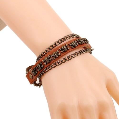 Wrap Punk Bracelet Leisure Genuine Leather Brown Bracelets Gold Chain Skull For Men Women New Arrival
