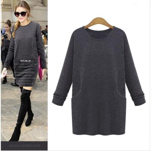 2020 Solid dress Womens Sweatshirt Dresses Plus Size XS- 5XL 6XL Round Neck Long Sleeve Pockets Knee Length Dress black purple