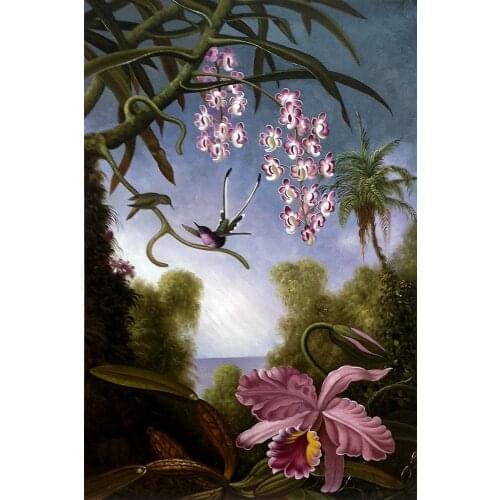 Landscape Flower Oil Painting for Living Room Orchids and Spray Orchids with Hummingbird, 1890 by Martin Johnson Heade Handmade