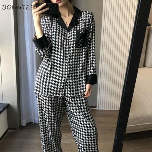 Pajama Sets Women 2 Piece Long Sleeve Turn-down Collar Patchwork Single Breasted Top Simple Fashion Pants Autumn Soft Casual New