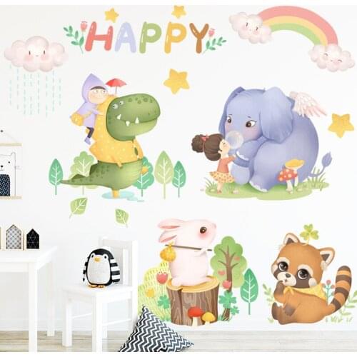 Animal Paradise Wall Stickers for Kids Room Nursery Decoration Mural Cartoon Elephant Rabbit Dinosaur Stickers Decor Wallpaper
