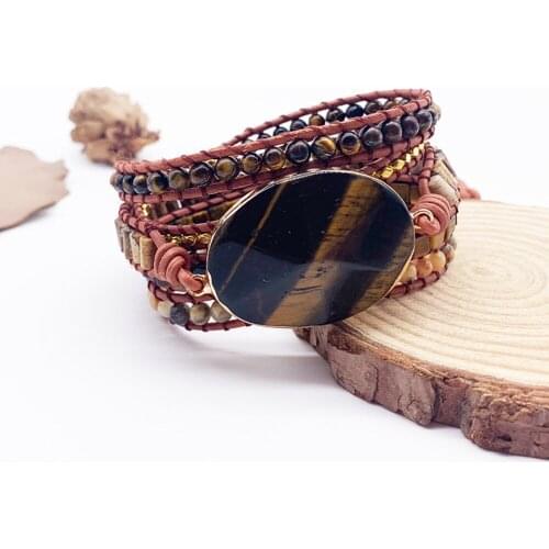 Unique Big Tiger Eye Wrap Bracelet for Women Multilayers Mixed Geometric Natural Stone Beadwork Boho Bracelet Jewelry Dropship