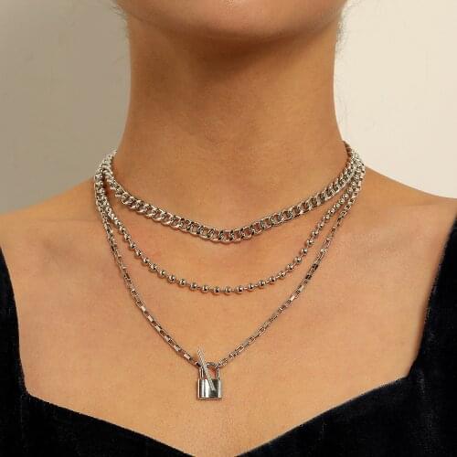 Silvery Lock Pendants Punk Necklaces for Women Gold Color Hollow Chain Personality Female Neck Jewelry gothic Neck Decoration