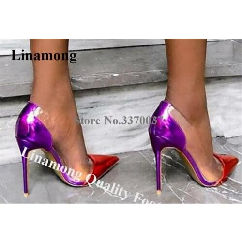 Linamong Brand Pointed Toe Clear PVC Patchwork Stiletto Heel Pumps Mixed-colors Transparent 12cm High Heels Formal Dress Shoes