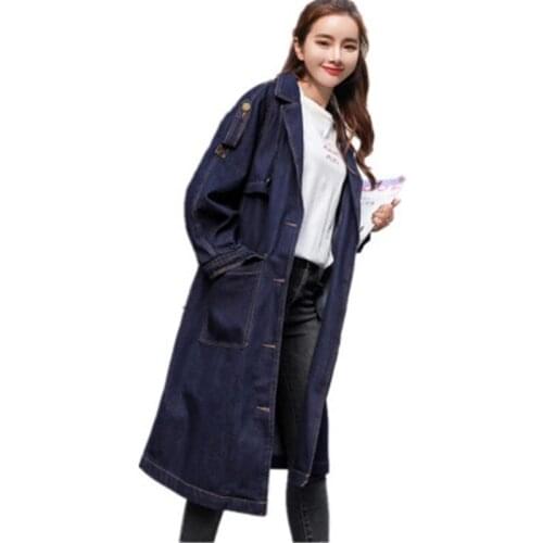 Denim jacket female long section blue large size womens windbreaker loose spring autumn 2019 new denim long-sleeved windbreaker