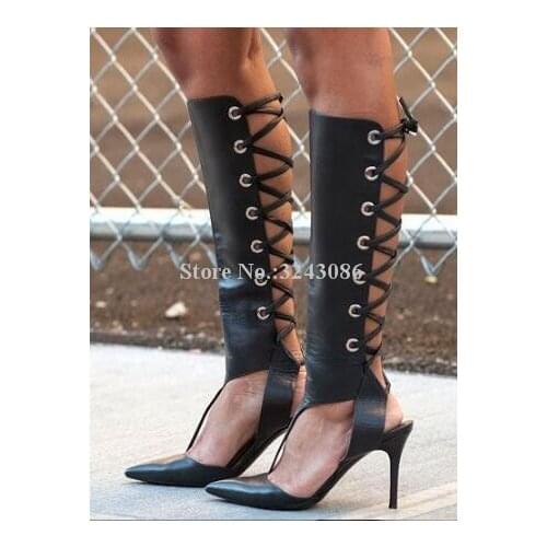 Lady New Black Leather Knee High Sandals Boots Sexy Pointed Toe Stiletto Heel Back Lace-up Sandals Long Boots Woman Banquet Shoe