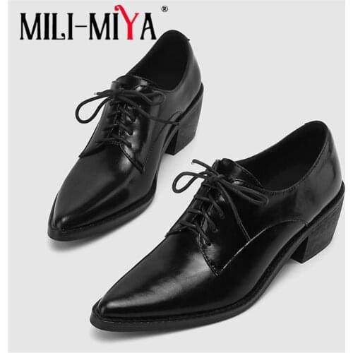 MILI-MIYA Mid Heels 2021 Autumn Woman Work Office Shoes Soft Genuine Leather Thick Heel Fashion Pointed Toe Lace Up Pumps Black