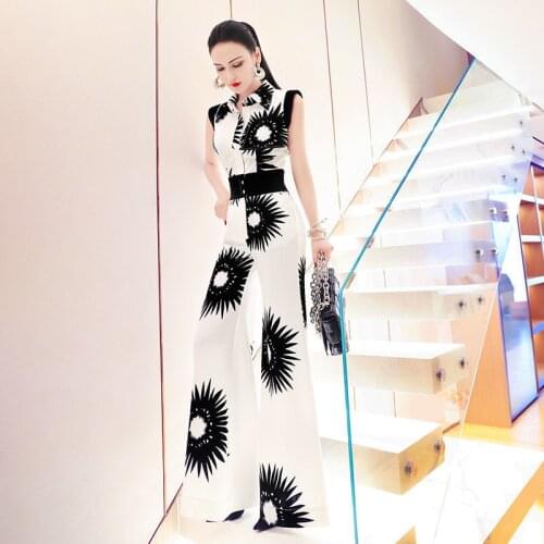 European And American Style Printing Color 2021 Fashion Sleeveless Shirt Collar Wide Leg Womens Leisure Pants Oodji Harajuku