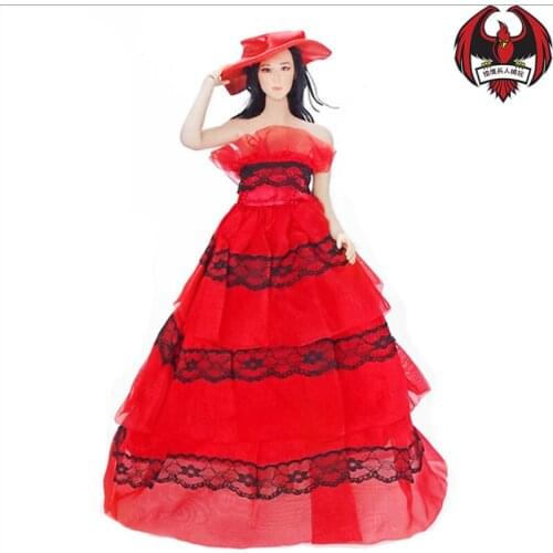 1/6 Soldier model accessories clothing female wedding evening dress red with round hat in stock