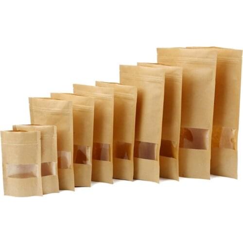 1000pcs/lot 9*14cm 10*15cm 12*20cm 20*30cm 22*31 Kraft Paper Bag Stand up Storage Bags with Window Zipper Food Snack Nuts Pouch