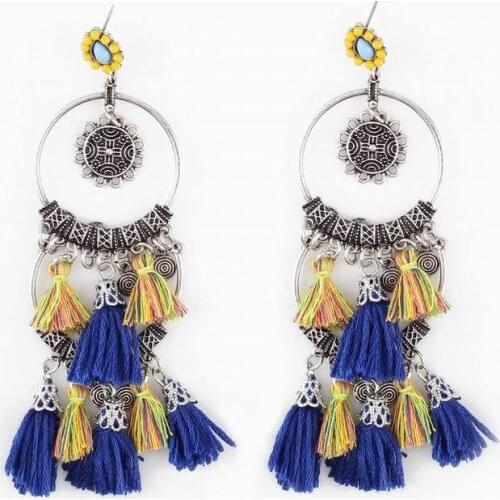 2021 New Design Vintage Ethnic Alloy Metal Bead Cotton Tassel Pendant Statement Drop Dangle Women Earrings