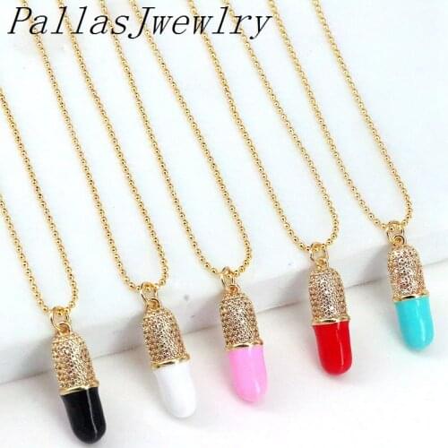 5Pcs Popular enamelled necklace charm,fashion black white pink blue enamel cz micro pave pill jewelry,clear gold link chain