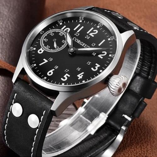 Luxury Brand CORGEUT 44mm Mens Mechanical Watch Seagull Movement 316L Luminous Fashion Waterproof Mens Leather Strap Watch