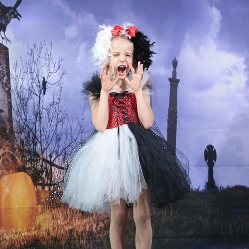 Cute Dotted Cruella De Vil Girls Tutu Dress with Feather Headband Dalmatian Inspired Kids Party Dresses Baby Halloween Costume