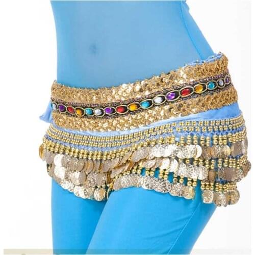 DJGRSTER One-Size Good Quality Belly Dance Hip Wraps 3 Layer Golden Coins with Diamond Belly Dancing Belt Belly Dance Chain