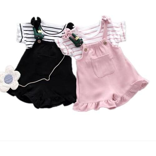 2pcs Cute Girls Clothing Sets Fashion Striped Short Sleeve Girl T-Shirt Summer+ Overalls Shorts Baby Girl Clothes Suit