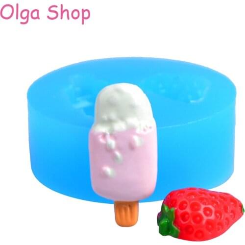 XYL002 Ice Cream Bar and Strawberry (half) Flexible Silicone Mold Kawaii Miniature Sweets Cellphone Deco Kitsch Jewelry