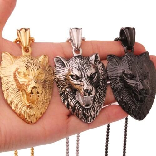 High Quality Stainless Steel Silver Color/Gold/Black Wolf Head Cool Biker Jewelry Mens Pendant Necklace 24" Fathers Day Gift