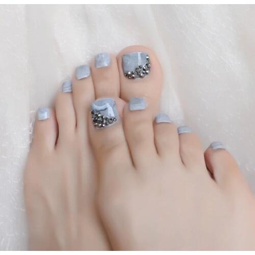 3D Punk Rhinestones Toe Fake Nails Gray Marble Stone Full Nails Art Tips for Lady Girls Toenails Press on Foot False Toe Nails