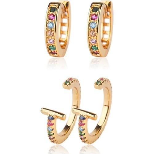 OMYFUN Jewelry/Set Earrings Cuff with Hoop Earrings Multicolor Crystal Paved Self-piercing Earring Brazil Aretes Semi Joyas E36