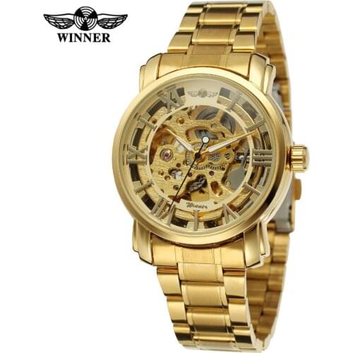 T-WINNER Mens Brand Classic Stainless Steel Bracelet Automatic Mechanical Skeleton Military Wrist Watch Whole Sale WRG8047M4G4