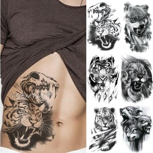 Skull Dinosaur Tiger Temporary Tattoo Sticker Lion Wolf Waterproof Tatto Warrior Soldier Body Art Arm Fake Tatoo Men Women