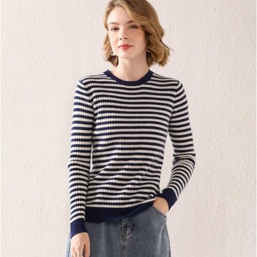 Classic Striped Pullover Sweater,2021 Autumn Winter New,Pure Wool Sweater Womens Long-Sleeved,Round Neck Knitted Bottoming Top