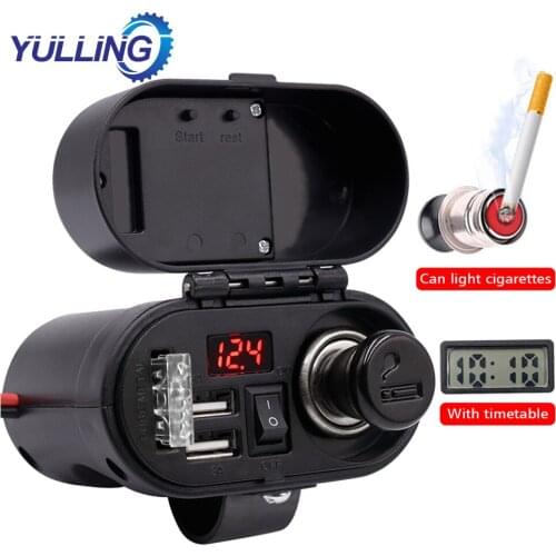 YULLING Motorcycle Cigarette Lighter Socket Dual USB Quick Charger Voltmeter Digital Clock Switch Control Waterproof