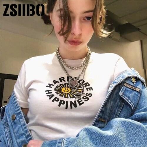 Streetwear Harajuku Sunflower Happiness Print Cropped Women T-shirt Casual Sexy Crop Top Slim tshirt drop shipping vintage park