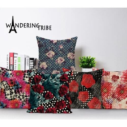 Vintage Decorative Cushion Covers Flowers Pillow Decor Black Red Cushions Cover 45X45Cm High Quality Pillowcases For Living Room