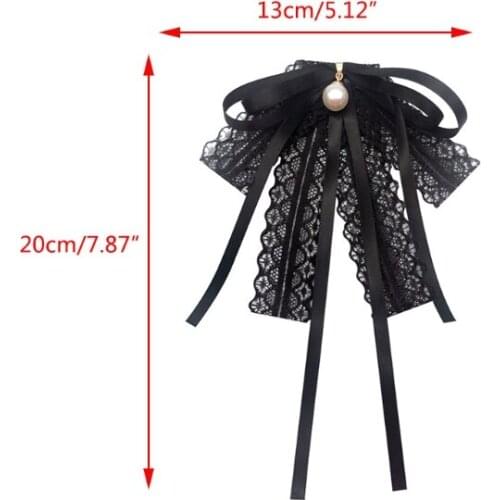 Women Black Lace Ribbon Bow Tie Pearl Pendant Brooch Pin Necklace Jabot Collar Dropshipping