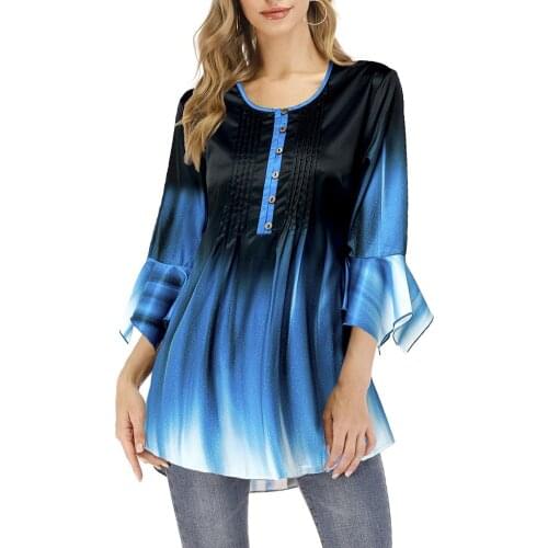 2020 New Women Fashion O Neck Ruffled Sleeve Gradient Color Pleated Blouse Tunic Top Casual Fashion Shirt
