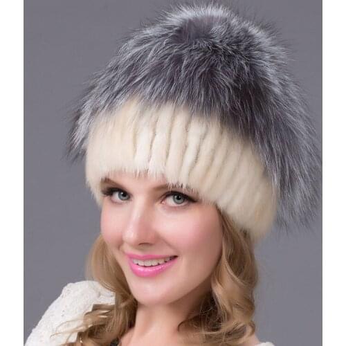Womens Hats Winter Natural Leather Mink Fur Hat with Silver Fox Fur Ball Knitted Cap Fashion Fur Hat Cotton Lining DHY-36